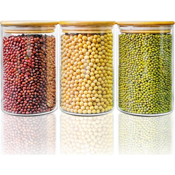 Paquete de 5 tarros de vidrio con tapas de bambú, recipientes de almacenamiento de despensa de vidrio con tapas herméticas, recipientes redondos de almacenamiento de alimentos para cereales, pasta, - Image 8