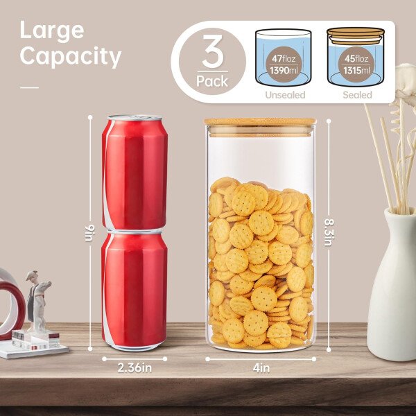 Paquete de 5 tarros de vidrio con tapas de bambú, recipientes de almacenamiento de despensa de vidrio con tapas herméticas, recipientes redondos de almacenamiento de alimentos para cereales, pasta, - Image 9