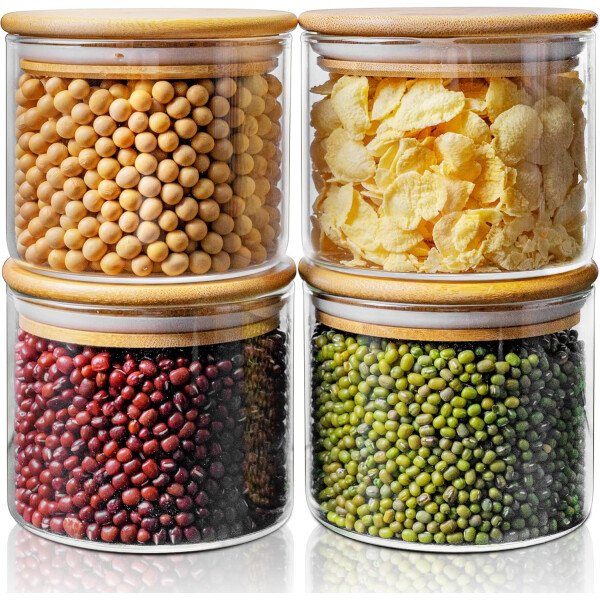 Paquete de 5 tarros de vidrio con tapas de bambú, recipientes de almacenamiento de despensa de vidrio con tapas herméticas, recipientes redondos de almacenamiento de alimentos para cereales, pasta, - Image 10