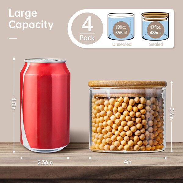 Paquete de 5 tarros de vidrio con tapas de bambú, recipientes de almacenamiento de despensa de vidrio con tapas herméticas, recipientes redondos de almacenamiento de alimentos para cereales, pasta, - Image 11