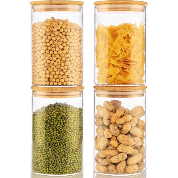 Paquete de 5 tarros de vidrio con tapas de bambú, recipientes de almacenamiento de despensa de vidrio con tapas herméticas, recipientes redondos de almacenamiento de alimentos para cereales, pasta, - Image 12