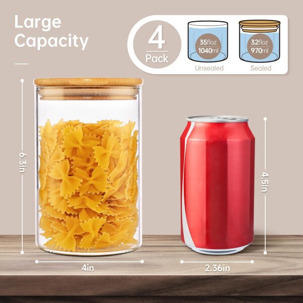 Paquete de 5 tarros de vidrio con tapas de bambú, recipientes de almacenamiento de despensa de vidrio con tapas herméticas, recipientes redondos de almacenamiento de alimentos para cereales, pasta, - Image 13