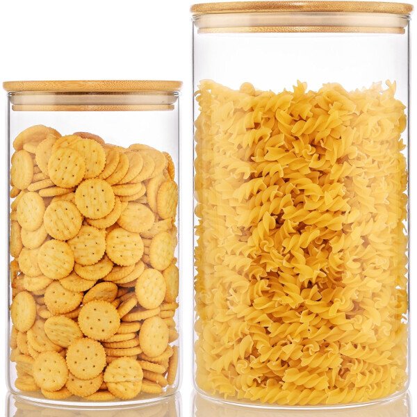 Paquete de 5 tarros de vidrio con tapas de bambú, recipientes de almacenamiento de despensa de vidrio con tapas herméticas, recipientes redondos de almacenamiento de alimentos para cereales, pasta, - Image 14