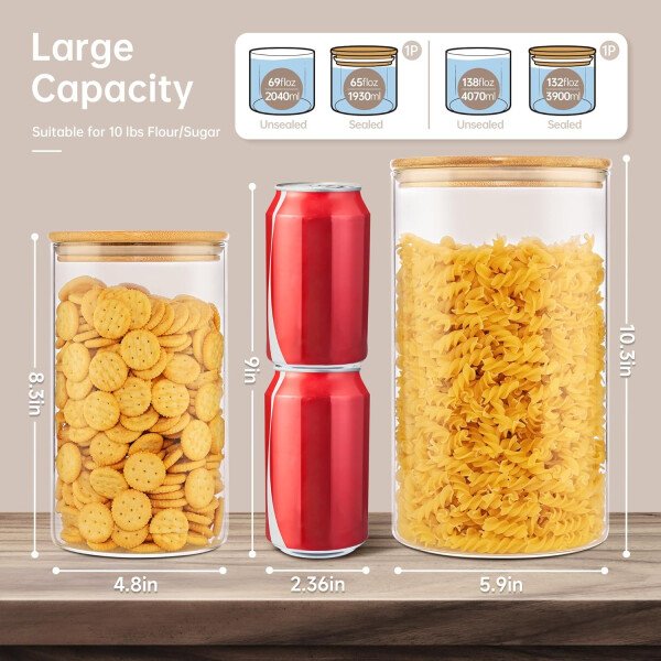 Paquete de 5 tarros de vidrio con tapas de bambú, recipientes de almacenamiento de despensa de vidrio con tapas herméticas, recipientes redondos de almacenamiento de alimentos para cereales, pasta, - Image 15