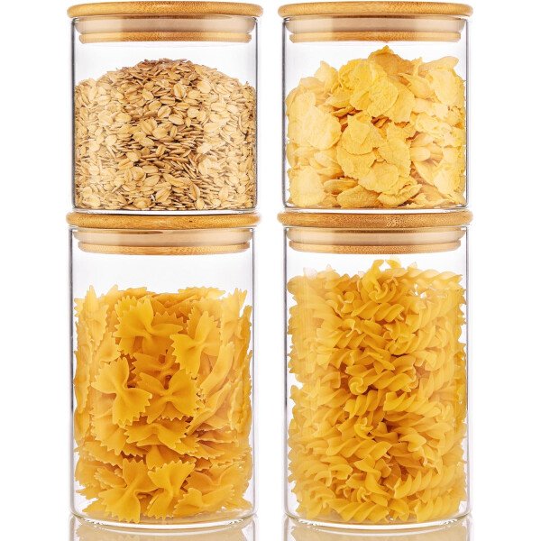 Paquete de 5 tarros de vidrio con tapas de bambú, recipientes de almacenamiento de despensa de vidrio con tapas herméticas, recipientes redondos de almacenamiento de alimentos para cereales, pasta, - Image 16