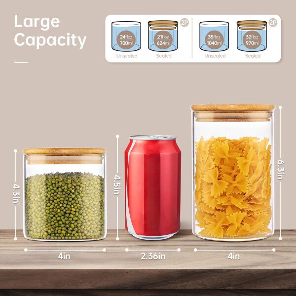 Paquete de 5 tarros de vidrio con tapas de bambú, recipientes de almacenamiento de despensa de vidrio con tapas herméticas, recipientes redondos de almacenamiento de alimentos para cereales, pasta, - Image 17