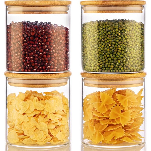Paquete de 5 tarros de vidrio con tapas de bambú, recipientes de almacenamiento de despensa de vidrio con tapas herméticas, recipientes redondos de almacenamiento de alimentos para cereales, pasta, - Image 18