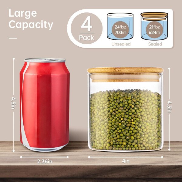 Paquete de 5 tarros de vidrio con tapas de bambú, recipientes de almacenamiento de despensa de vidrio con tapas herméticas, recipientes redondos de almacenamiento de alimentos para cereales, pasta, - Image 19