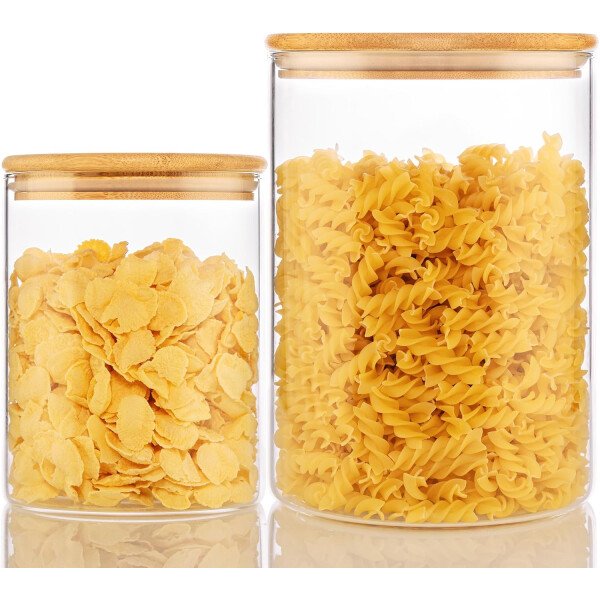 Paquete de 5 tarros de vidrio con tapas de bambú, recipientes de almacenamiento de despensa de vidrio con tapas herméticas, recipientes redondos de almacenamiento de alimentos para cereales, pasta, - Image 20