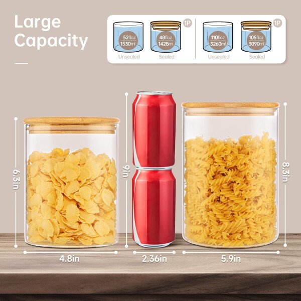 Paquete de 5 tarros de vidrio con tapas de bambú, recipientes de almacenamiento de despensa de vidrio con tapas herméticas, recipientes redondos de almacenamiento de alimentos para cereales, pasta, - Image 21