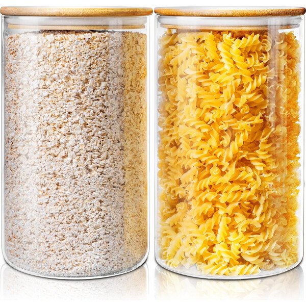 Paquete de 5 tarros de vidrio con tapas de bambú, recipientes de almacenamiento de despensa de vidrio con tapas herméticas, recipientes redondos de almacenamiento de alimentos para cereales, pasta, - Image 22