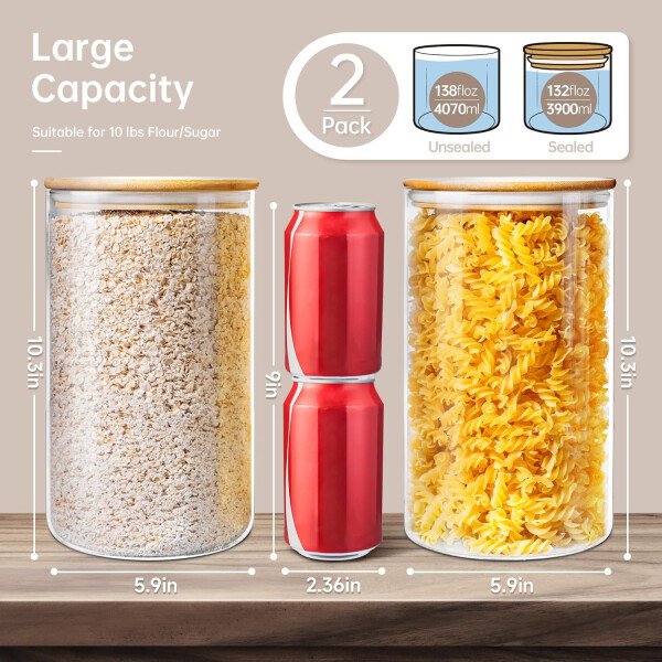 Paquete de 5 tarros de vidrio con tapas de bambú, recipientes de almacenamiento de despensa de vidrio con tapas herméticas, recipientes redondos de almacenamiento de alimentos para cereales, pasta, - Image 23