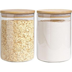 Juego de tarros de almacenamiento de vidrio elegantes con tapas herméticas de bambú, perfecto para la organización de la cocina, harina, arroz, pasta, azúcar, granos de café, accesorios incluidos