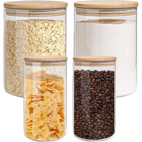 Juego de tarros de almacenamiento de vidrio elegantes con tapas herméticas de bambú, perfecto para la organización de la cocina, harina, arroz, pasta, azúcar, granos de café, accesorios incluidos - Imagen 9