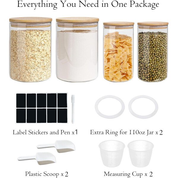 Juego de tarros de almacenamiento de vidrio elegantes con tapas herméticas de bambú, perfecto para la organización de la cocina, harina, arroz, pasta, azúcar, granos de café, accesorios incluidos - Imagen 11