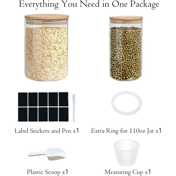 Juego de tarros de almacenamiento de vidrio elegantes con tapas herméticas de bambú, perfecto para la organización de la cocina, harina, arroz, pasta, azúcar, granos de café, accesorios incluidos - Imagen 36