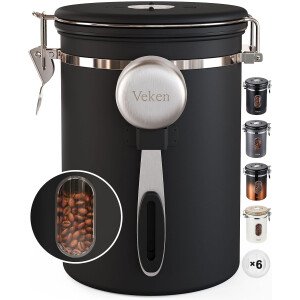 Veken Recipiente de café con ventana, recipiente hermético de acero inoxidable, organizador de almacenamiento de alimentos para la cocina del hogar, para suelo, frijoles, espresso, arroz, té, azúcar