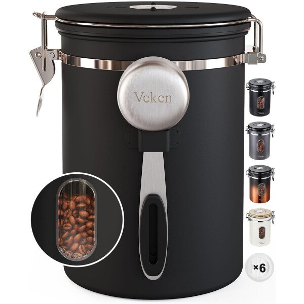 Veken Recipiente de café con ventana, recipiente hermético de acero inoxidable, organizador de almacenamiento de alimentos para la cocina del hogar, para suelo, frijoles, espresso, arroz, té, azúcar