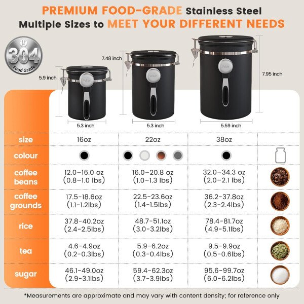 Veken Recipiente de café con ventana, recipiente hermético de acero inoxidable, organizador de almacenamiento de alimentos para la cocina del hogar, para suelo, frijoles, espresso, arroz, té, azúcar - Image 2