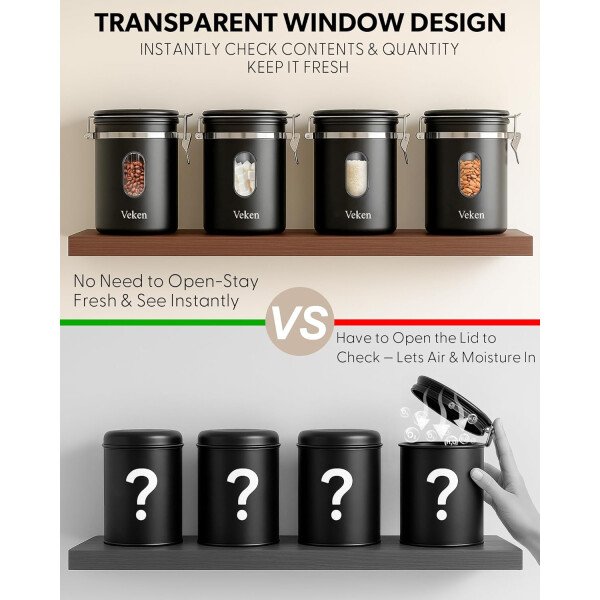 Veken Recipiente de café con ventana, recipiente hermético de acero inoxidable, organizador de almacenamiento de alimentos para la cocina del hogar, para suelo, frijoles, espresso, arroz, té, azúcar - Image 3