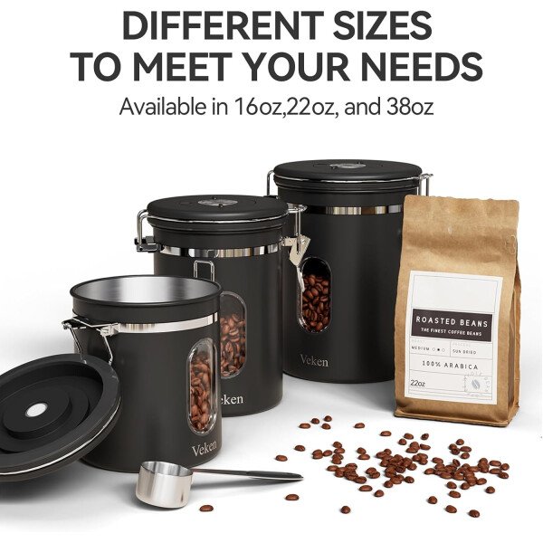Veken Recipiente de café con ventana, recipiente hermético de acero inoxidable, organizador de almacenamiento de alimentos para la cocina del hogar, para suelo, frijoles, espresso, arroz, té, azúcar - Image 7