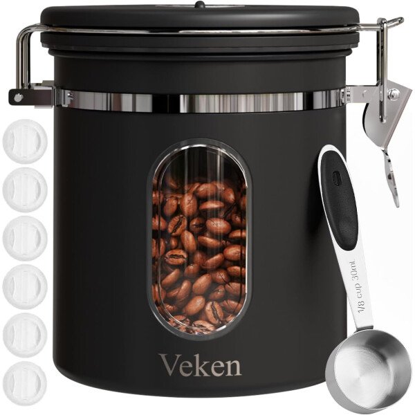 Veken Recipiente de café con ventana, recipiente hermético de acero inoxidable, organizador de almacenamiento de alimentos para la cocina del hogar, para suelo, frijoles, espresso, arroz, té, azúcar - Image 9