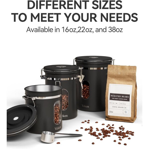 Veken Recipiente de café con ventana, recipiente hermético de acero inoxidable, organizador de almacenamiento de alimentos para la cocina del hogar, para suelo, frijoles, espresso, arroz, té, azúcar - Image 13