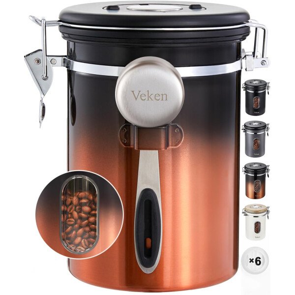 Veken Recipiente de café con ventana, recipiente hermético de acero inoxidable, organizador de almacenamiento de alimentos para la cocina del hogar, para suelo, frijoles, espresso, arroz, té, azúcar - Image 16
