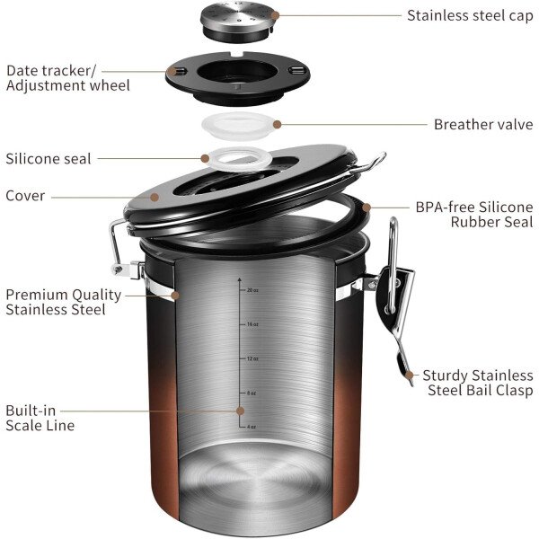 Veken Recipiente de café con ventana, recipiente hermético de acero inoxidable, organizador de almacenamiento de alimentos para la cocina del hogar, para suelo, frijoles, espresso, arroz, té, azúcar - Image 20