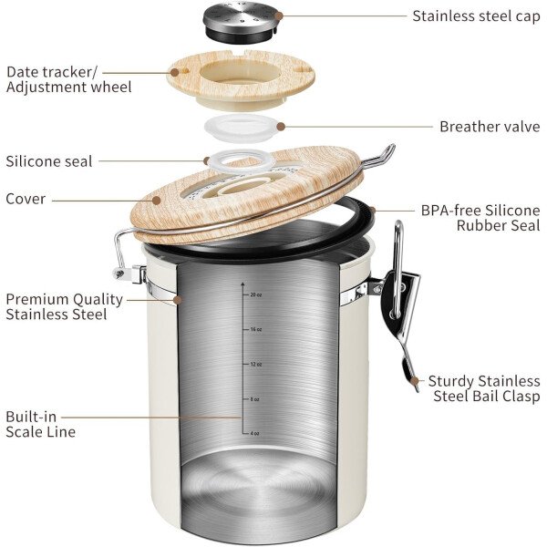 Veken Recipiente de café con ventana, recipiente hermético de acero inoxidable, organizador de almacenamiento de alimentos para la cocina del hogar, para suelo, frijoles, espresso, arroz, té, azúcar - Image 26