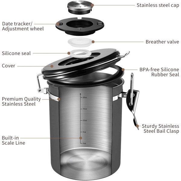 Veken Recipiente de café con ventana, recipiente hermético de acero inoxidable, organizador de almacenamiento de alimentos para la cocina del hogar, para suelo, frijoles, espresso, arroz, té, azúcar - Image 33