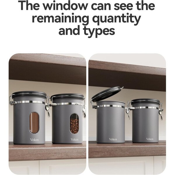Veken Recipiente de café con ventana, recipiente hermético de acero inoxidable, organizador de almacenamiento de alimentos para la cocina del hogar, para suelo, frijoles, espresso, arroz, té, azúcar - Image 34