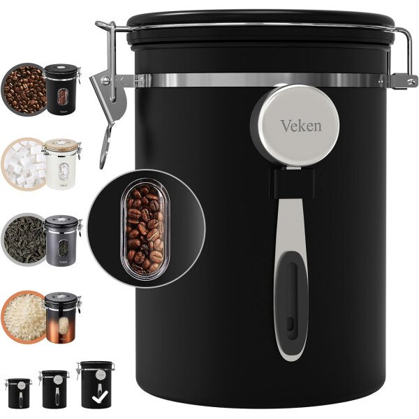 Veken Recipiente de café con ventana, recipiente hermético de acero inoxidable, organizador de almacenamiento de alimentos para la cocina del hogar, para suelo, frijoles, espresso, arroz, té, azúcar - Image 35