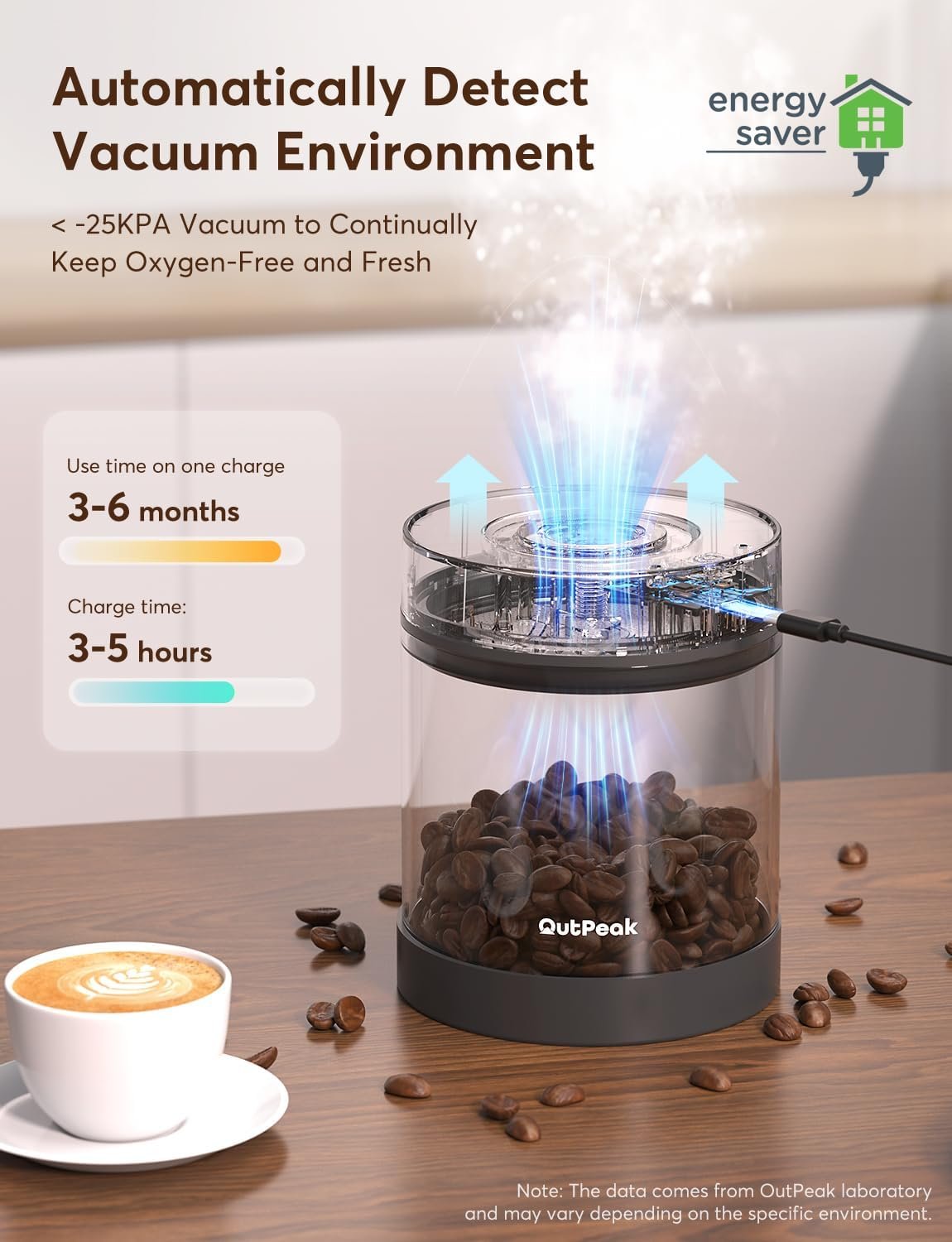 OUTPEAK Neo 2025 Kilo - Recipiente de café al vacío automático, capacidad de 1.5 litros para 17.6 onzas de granos de café, operación con un botón, recipiente de almacenamiento de café de acero - Imagen 3