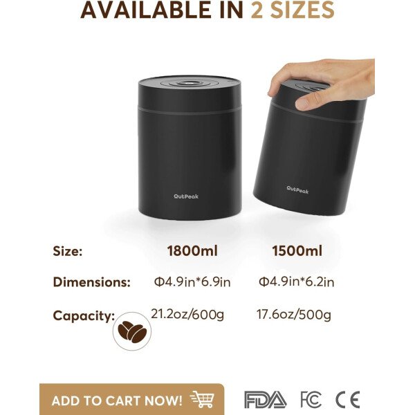 OUTPEAK Neo 2025 Kilo - Recipiente de café al vacío automático, capacidad de 1.5 litros para 17.6 onzas de granos de café, operación con un botón, recipiente de almacenamiento de café de acero - Imagen 5