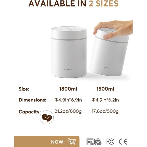 OUTPEAK Neo 2025 Kilo - Recipiente de café al vacío automático, capacidad de 1.5 litros para 17.6 onzas de granos de café, operación con un botón, recipiente de almacenamiento de café de acero - Imagen 12