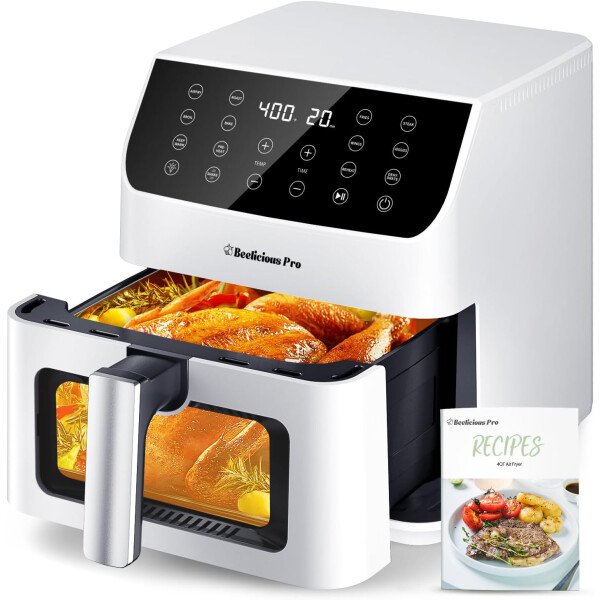 Beelicious - Freidora de aire grande de 5.8 cuartos de galón, freidora digital 12 en 1 con ventana transparente, más de 40 recetas, tecnología de bloqueo de sabor, recordatorio de agitación, compacta