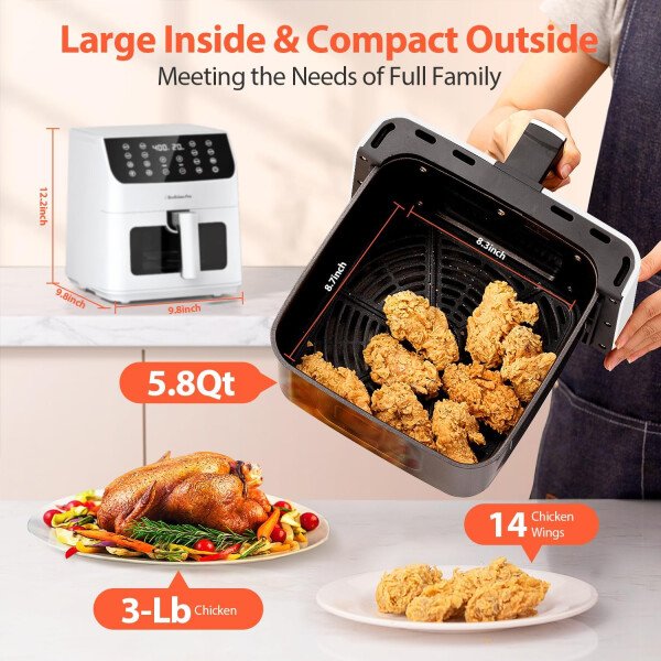 Beelicious - Freidora de aire grande de 5.8 cuartos de galón, freidora digital 12 en 1 con ventana transparente, más de 40 recetas, tecnología de bloqueo de sabor, recordatorio de agitación, compacta - Imagen 4