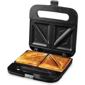 OVENTE - Sandwichera eléctrica con placas antiadherentes, luces indicadoras, asa de tacto frío, fácil de limpiar y guardar, cocina desayuno, queso a la parrilla, tostados y aperitivos, negro GPS401B