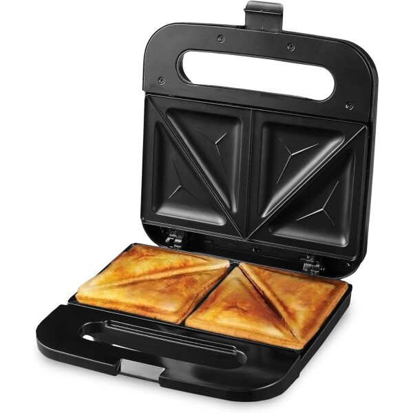 OVENTE - Sandwichera eléctrica con placas antiadherentes, luces indicadoras, asa de tacto frío, fácil de limpiar y guardar, cocina desayuno, queso a la parrilla, tostados y aperitivos, negro GPS401B