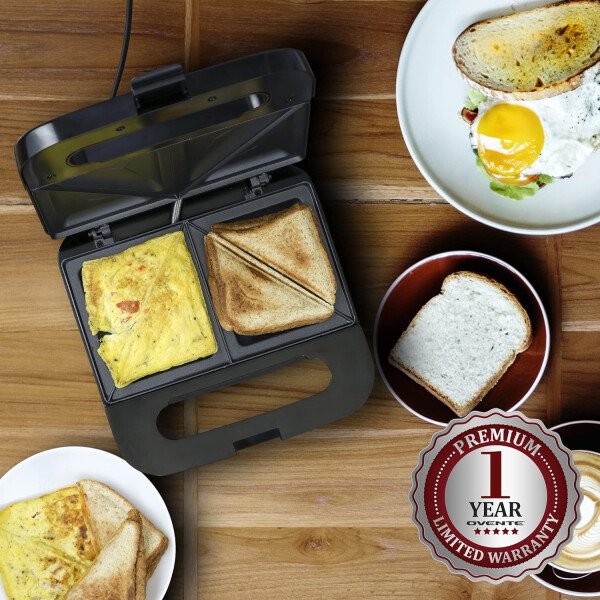 OVENTE - Sandwichera eléctrica con placas antiadherentes, luces indicadoras, asa de tacto frío, fácil de limpiar y guardar, cocina desayuno, queso a la parrilla, tostados y aperitivos, negro GPS401B - Image 8