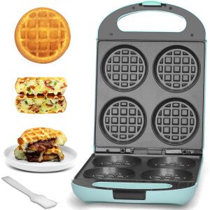 Baker's Friend Máquina de gofres de relleno múltiple, 4 rebanadas con 1.2 pulgadas de grosor y 4 pulgadas de diámetro, mini waflera belga, sándwich de desayuno antiadherente, plancha de gofres