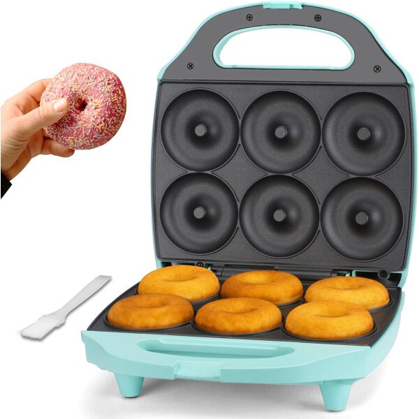 Baker's Friend Mini máquina para hacer donas para el hogar, 6 x 3 pulgadas, mini máquina para hacer donas, máquina para hacer donas, bandeja para hornear donas, fiesta de donas, aguamarina