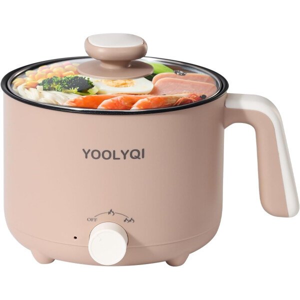 Olla eléctrica de ramen de 1.5 L, regulación de potencia doble, adecuada para ramen, fideos, sopa, olla antiadherente de avena, dormitorio, oficina imprescindible en la oficina (caqui, 1.5