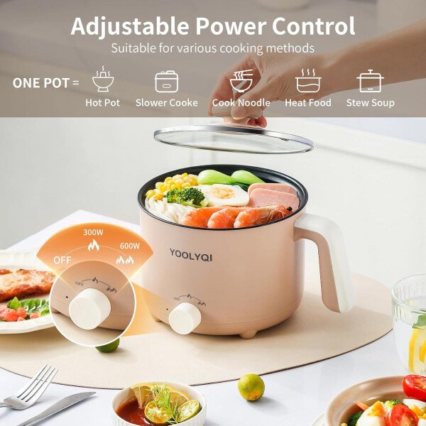Olla eléctrica de ramen de 1.5 L, regulación de potencia doble, adecuada para ramen, fideos, sopa, olla antiadherente de avena, dormitorio, oficina imprescindible en la oficina (caqui, 1.5 - Image 2