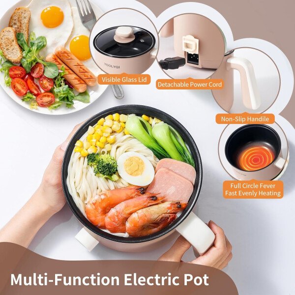 Olla eléctrica de ramen de 1.5 L, regulación de potencia doble, adecuada para ramen, fideos, sopa, olla antiadherente de avena, dormitorio, oficina imprescindible en la oficina (caqui, 1.5 - Image 3