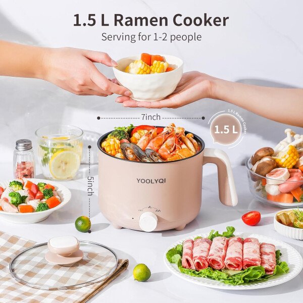 Olla eléctrica de ramen de 1.5 L, regulación de potencia doble, adecuada para ramen, fideos, sopa, olla antiadherente de avena, dormitorio, oficina imprescindible en la oficina (caqui, 1.5 - Image 4