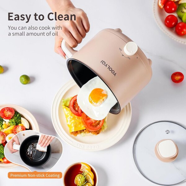 Olla eléctrica de ramen de 1.5 L, regulación de potencia doble, adecuada para ramen, fideos, sopa, olla antiadherente de avena, dormitorio, oficina imprescindible en la oficina (caqui, 1.5 - Image 5