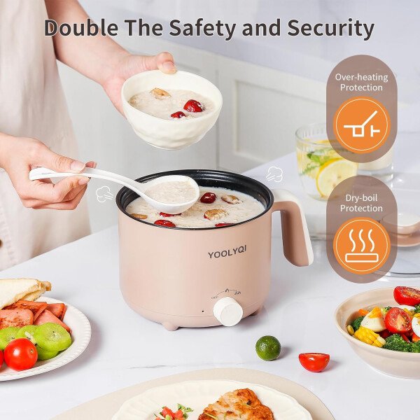 Olla eléctrica de ramen de 1.5 L, regulación de potencia doble, adecuada para ramen, fideos, sopa, olla antiadherente de avena, dormitorio, oficina imprescindible en la oficina (caqui, 1.5 - Image 6