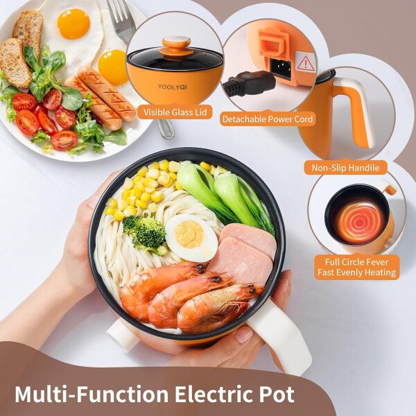 Olla eléctrica de ramen de 1.5 L, regulación de potencia doble, adecuada para ramen, fideos, sopa, olla antiadherente de avena, dormitorio, oficina imprescindible en la oficina (caqui, 1.5 - Image 15